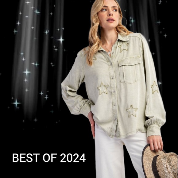 EASEL "STAR STRUCK" Super Soft Mineral Wash Lightweight Shirt, Embroidered Stars - Picture 3 of 16